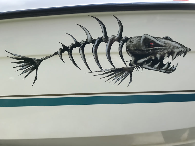 monster fish vinyl decal on side of boat